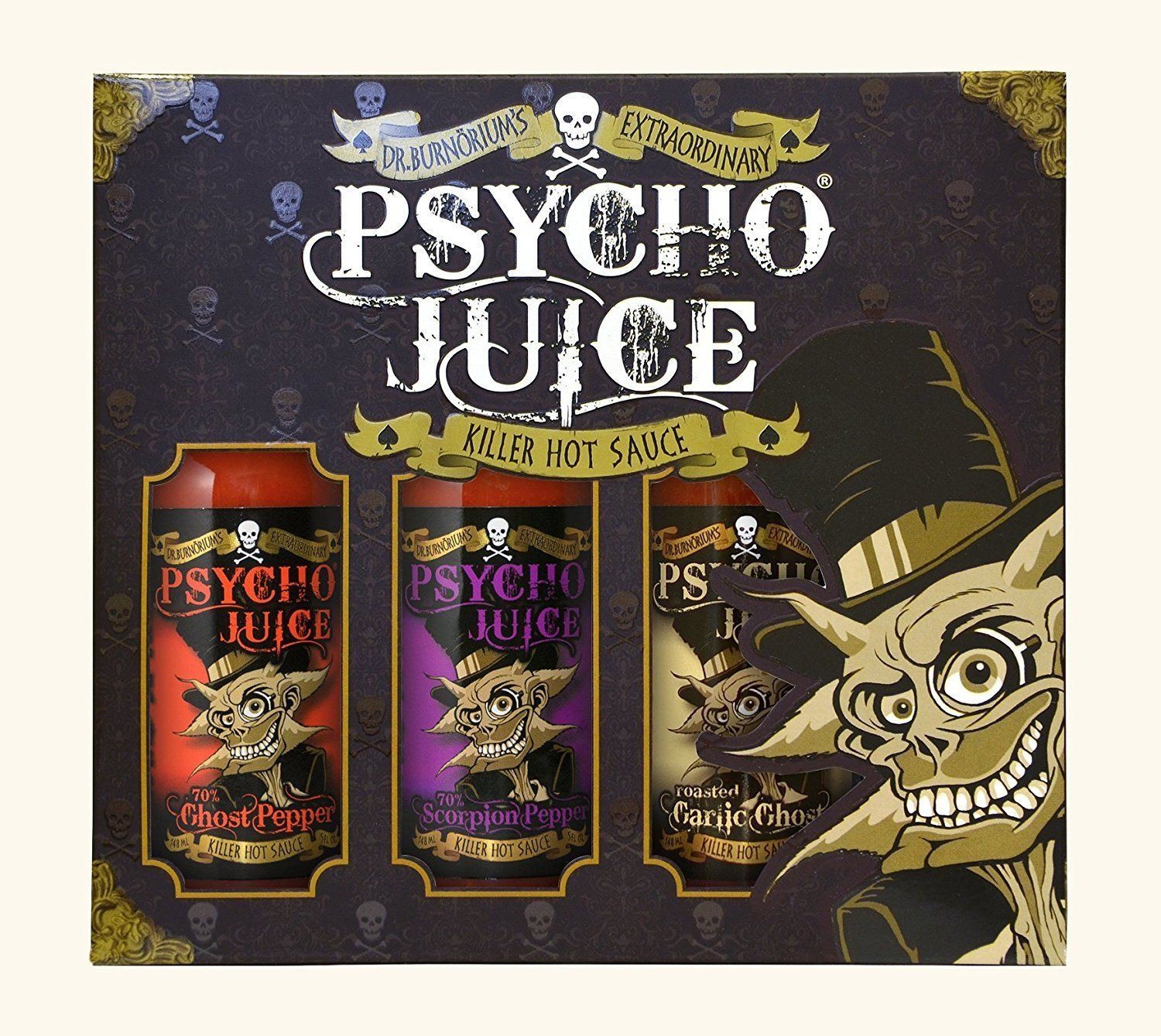 Psycho Juice Trio Hot Chilli Sauces - Ghost Pepper,Roasted Garlic,70% Scorpion