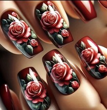 24pc False nails, Charming red roses And floral design Coffin shape medium Size