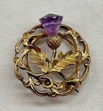 Antique 10k Gold Scottish Scotch Thistle w/ Purple Amethyst Pin Brooch 3.5g