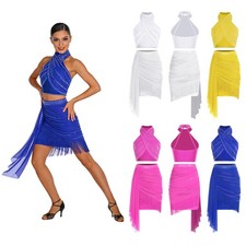 Womens Outfit Tassel Dance Suit Tango Dancewear Two-Piece Salsa Front Ruched