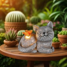Solar Cat Garden Statue with Butterfly Light 5-Inch Outdoor Resin Figurine ...