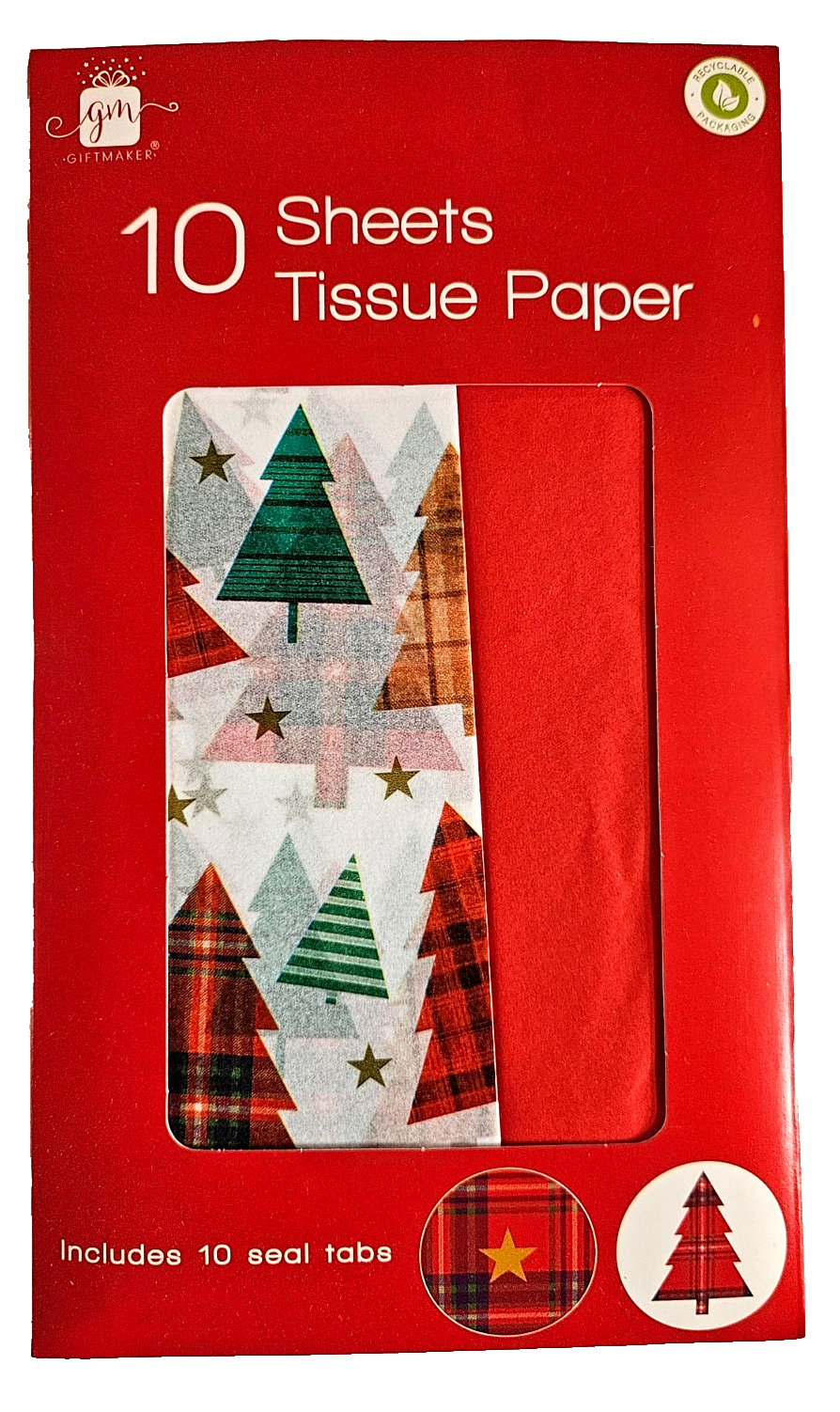 Christmas Tree Tissue Paper Xmas Tartan Trees & Red - 10 sheets with seal tabs