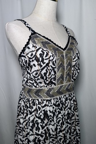 Anthropologie Me 2 Magic Maxi Dress XL Flare Boho Sequin Black White Safari - Picture 4 of 14