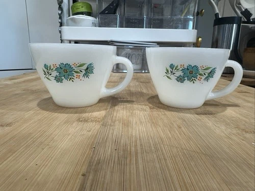 2 Vintage Fire King Milk Glass Anchor Bonnie Blue Carnation Tea Cups 1950’s *