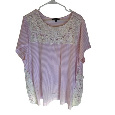 Lane Bryant Pink White Striped Crochet Lace Trim Knit Top Plus Size 22/24