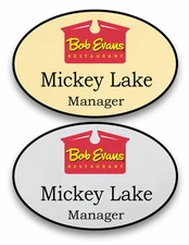 1 GOLD & 1 SILVER OVAL BOB EVANS PERSONALIZED NAME BADGES SAFETY PIN BACK