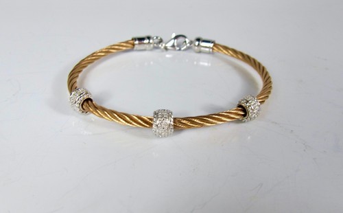 Savvy Cie Sterling 925 Diamond Rose Gold Stainless Steel Cable Bangle Bracelet - Picture 3 of 13