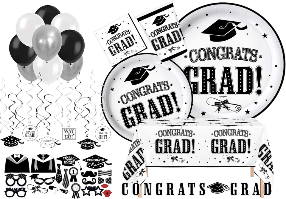 Sirve 30 Paquete Completo de Fiesta Felicidades Grado B/Blanco y B/Amarillo Suministros de Fiesta Foto 2 de 4