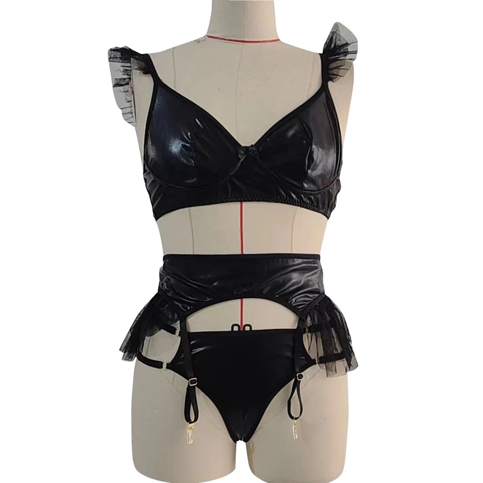 3-Piece Polyurethane Synthetic Leather Sexy Lingerie Set - Black Exotic Gatherin - Image 3 of 4