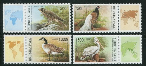 Burkina Faso 1996 Vögel Pelikan Falke Pfau Natur Wildtier Karten 4v postfrisch - Bild 1 von 1