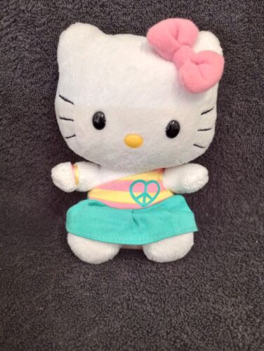 Ty Beanie Babies Hello Kitty Plush Peace Heart Teal Dress Pink Bo 6” 2010 Sanrio - Picture 1 of 9