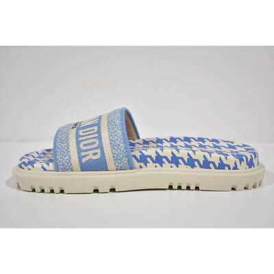 Christian Dior Dway Blue White Logo Houndstooth Slide Mule Flat