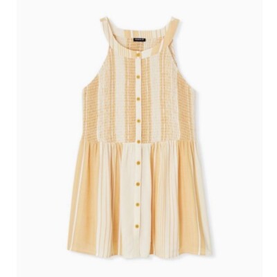 Torrid Mustard Yellow Stripe Button Front Babydoll Rayon Crepe Smocked Tank 1X