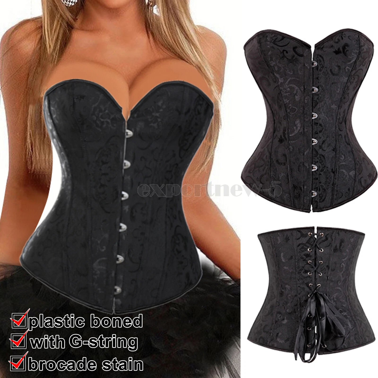 Women Black Corset Lingerie Bustier Top Lace Up Overbust Bones