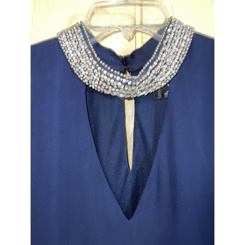 Rhinestone Neckline 14W Short Mini Cape DRESS Navy Blue Chiffon Lined STUNNING - Picture 8 of 13