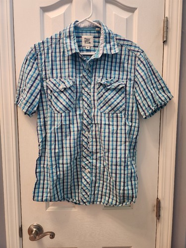 Paper Denim & Cloth Navy Blue Gingham Short sleeved shirt size Medium - Picture 1 of 3