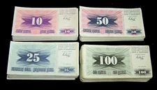 100 x  BOSNIA & HERZEGOVINA banknotes-25 x 10/25/50/100 Dinara / P10-13 / 1992