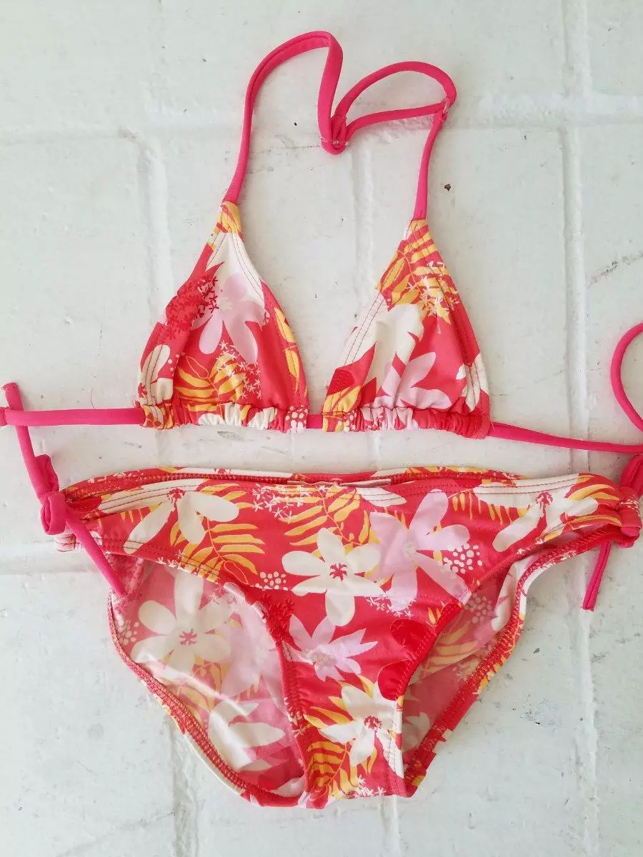 ZARA Girls Tropical Floral Coral ORange Yellow Pink Bikini Swim suit 7 8 9  SWet