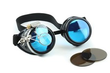 Steampunk Goggles Crazy GCG Burning man Cosplay Costume 16X Magnifying Blue Lens