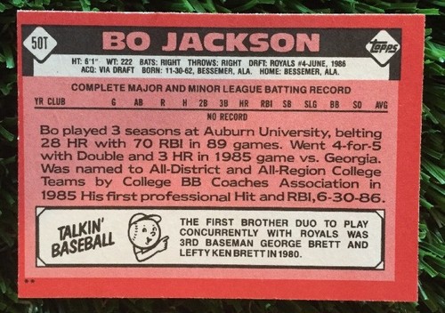 1986 Topps negociado #50T Bo Jackson Kansas City Royals casi nuevo - Imagen 6 de 6
