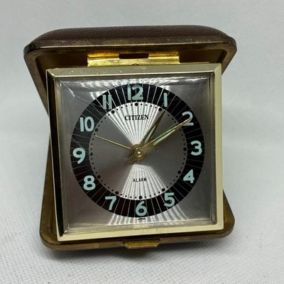 Vintage Citizen Travel Clock 2 Jewels Mechanical Wind-Up Brown Case