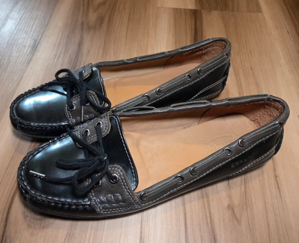 Sebago Black Patent Leather Driving Moc's ~ Gray Trim~ Loafer Women's 7.5 - Image 3 of 4