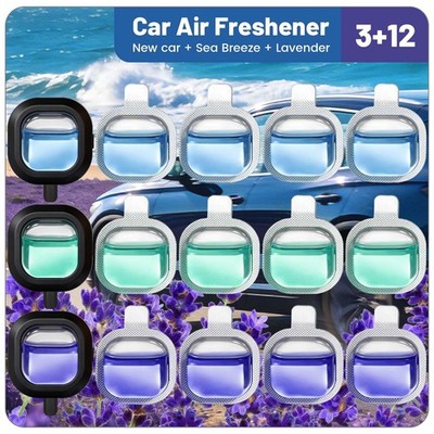 Car Air Freshener, 12 Refills + 3 Square Vent Clips, 5 New Car & 5 Sea Breeze...