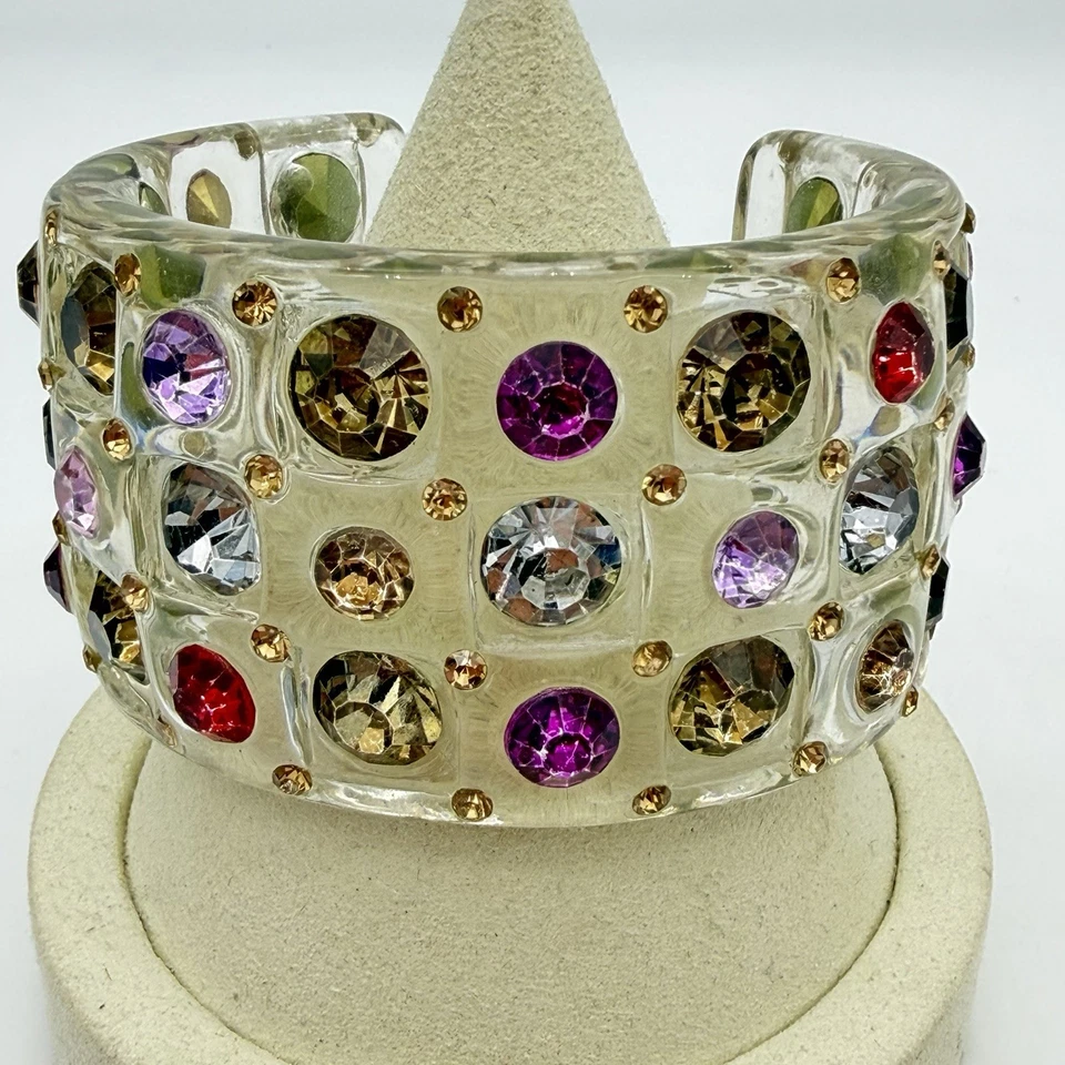 Vtg Betsy Johnson Lucite Bracelet Large Cuff Multi Color Crystals Chunky Rare - Image 2 of 4