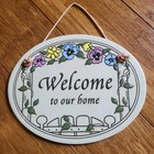 Welcome To Our Home Pansies Garden Ceramic Trinity Pottery Wall Plaque Sign 7"