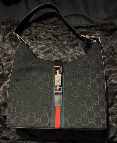 Vintage Gucci GG Logo Black Canvas Hobo Shoulder Bag Sherry Line Push Clasp
