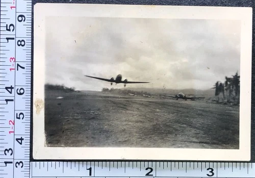 WW2 Era Bomber Transport Plane Flying Aviation Runway BW Photo Snapshot