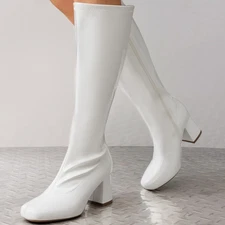 Women Low Chunky Block Heel Gogo Boots Square Toe Side Zipper Knee High Boots