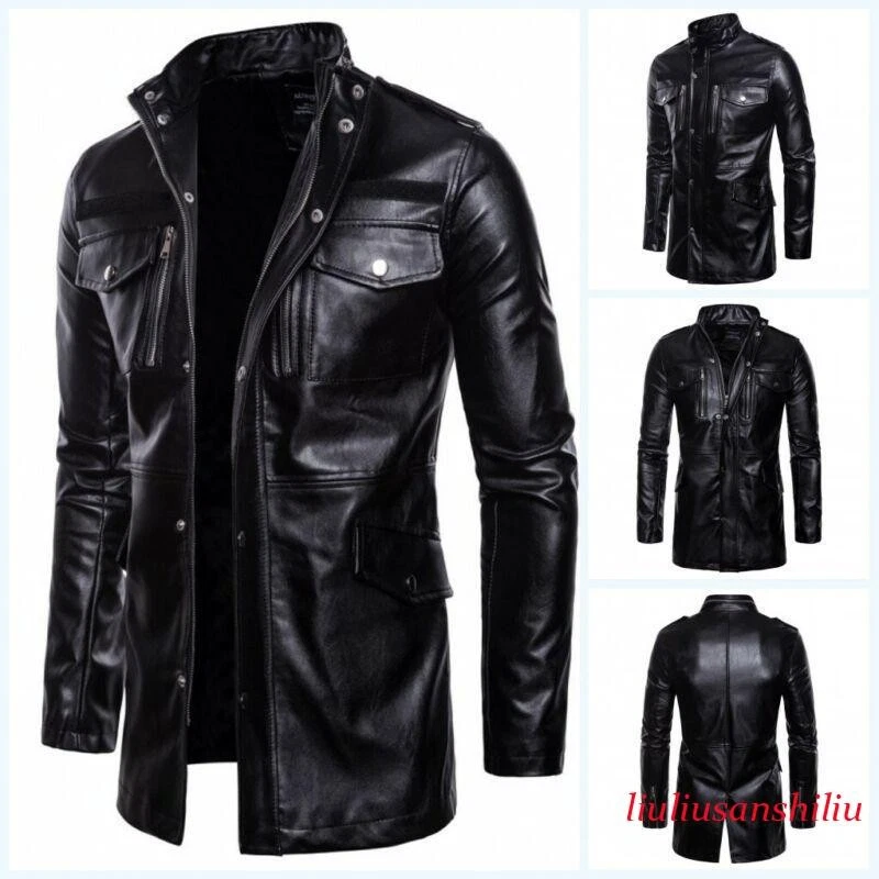 Men's Faux Leather Motor Jacket Slim Fit Biker Coat Stand Collar Top Casual OL