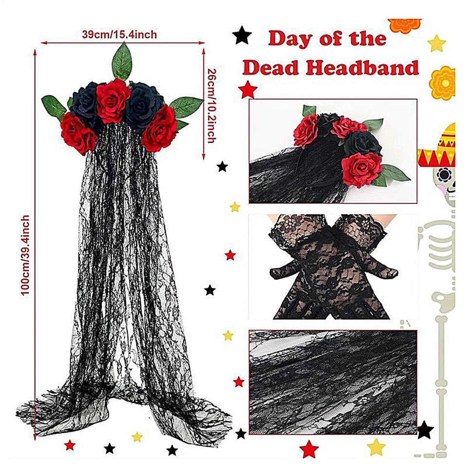 Conjunto de Accesorios Día de Muertos Mexicano Halloween Floral Calavera Falda Guantes Traje Foto 2 de 4