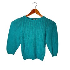 Vtg 80s Teal Silk Angora Lambswool Cable Knit Sweater Small Fuzzy Grandma Chic
