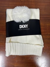 DKNY Women's Cream Pom Hat Beanie Scarf Set NWT 88
