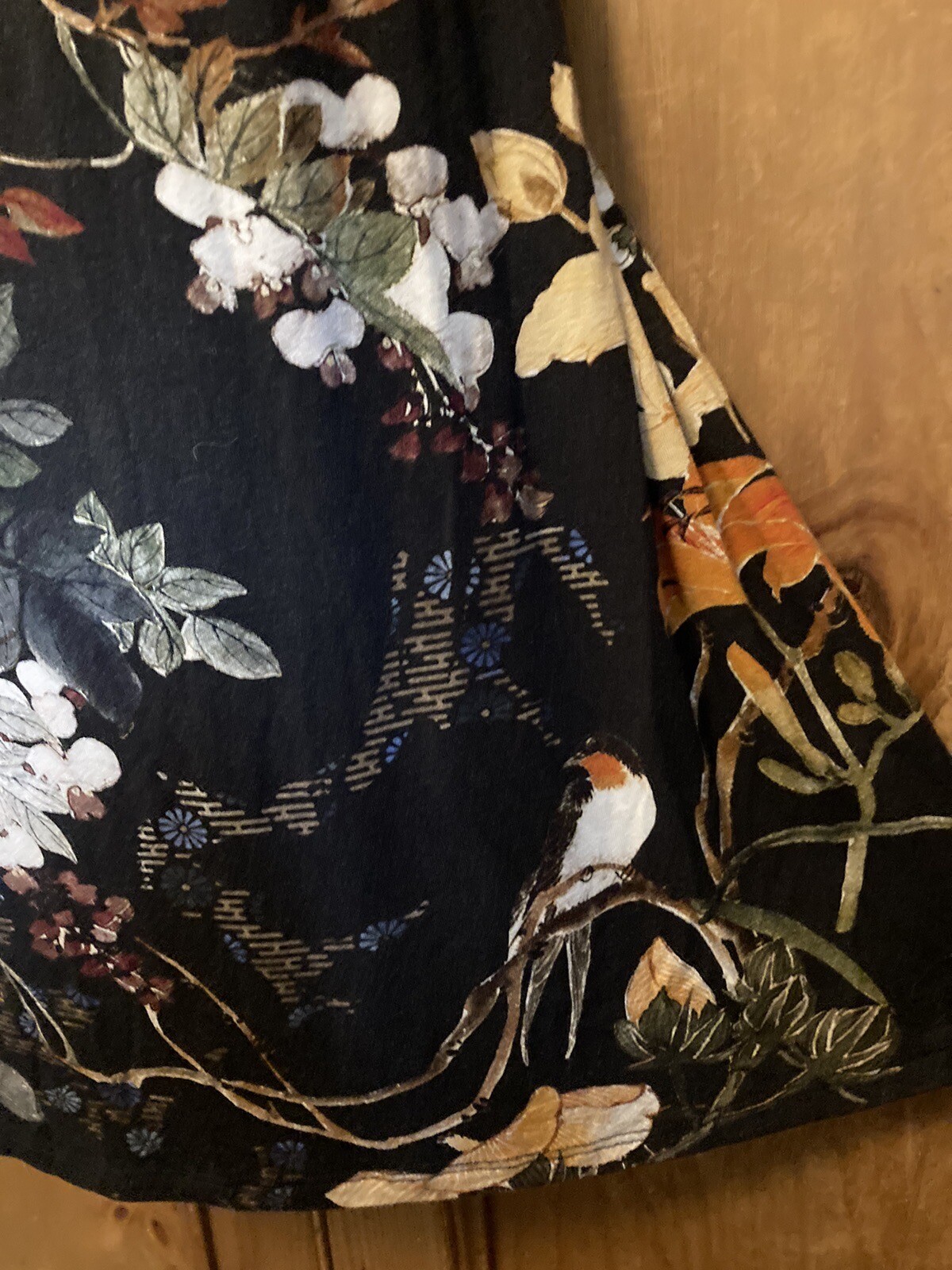 Monsoon Floral Bird Print Black Tea Dress Size 14 Jersey Midi Autumn