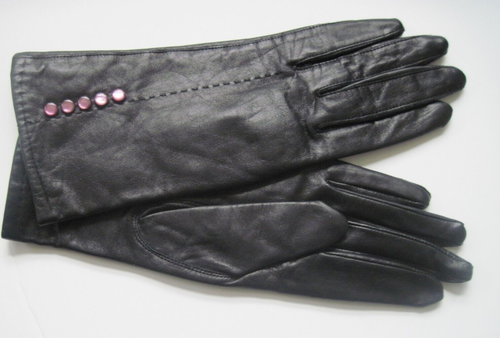 Guantes grandes de cuero de vaca negro para mujer botones morados se adapta a 7,5 de longitud - Imagen 10 de 18