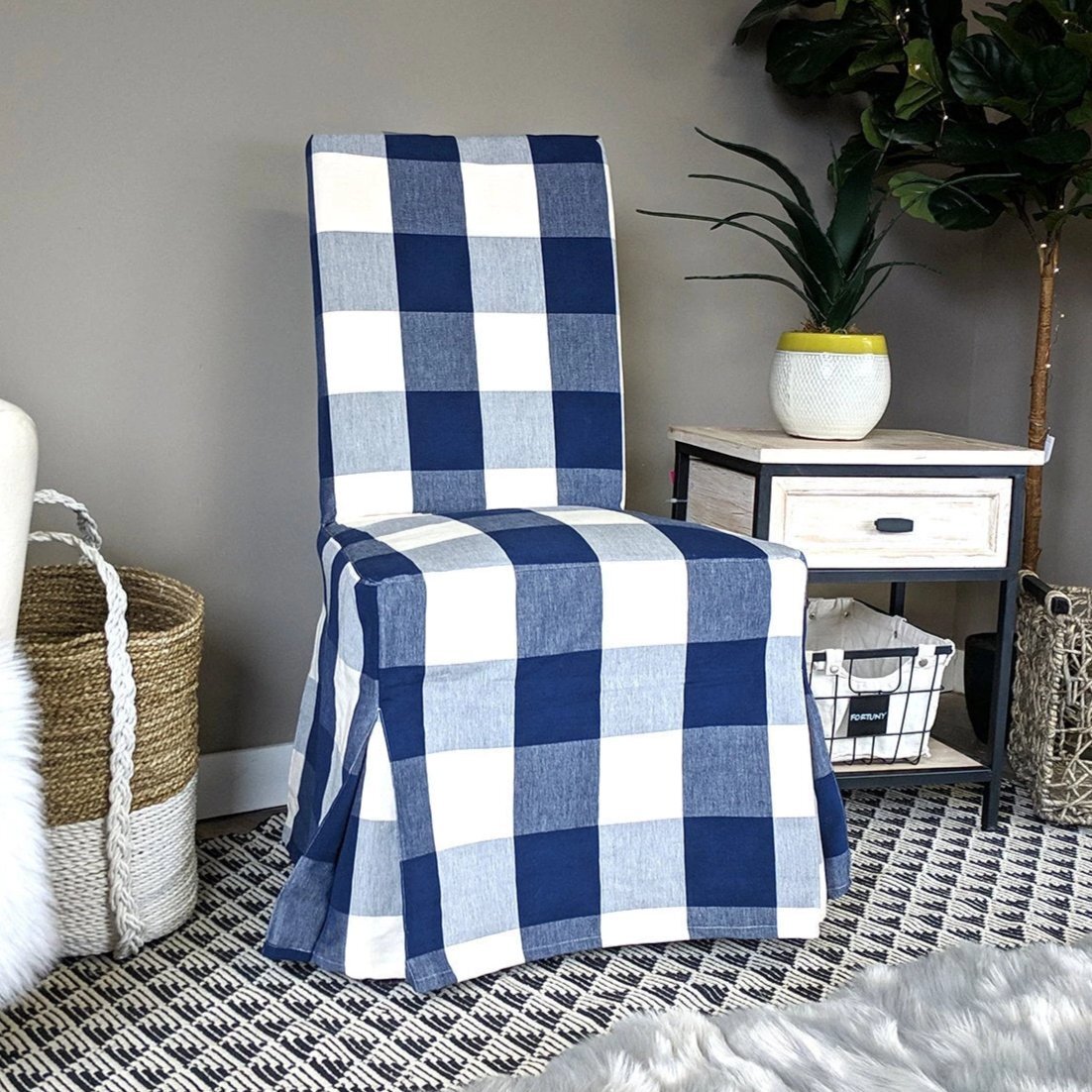 IKEA Henriksdal Dining Chair Cover, Buffalo Check Navy Blue, Floor Length