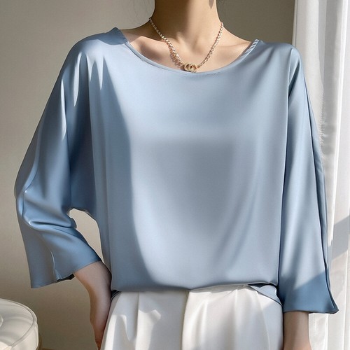 New Women Silk Satin Round Neck Shirts Blouse Loose Pullover 3/4 Sleeve T-shirt - Picture 1 of 19