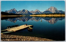 Postcard Wyoming Grand Tetons Reflected in Jackson Lake With Boat Dock