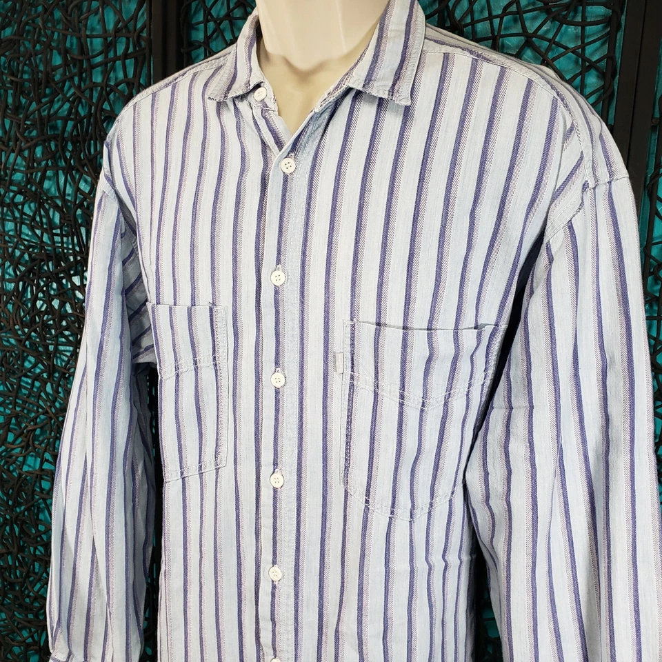 VTG LEVI'S SILVER TAB MENS LONG SLEEVE BUTTON UP SHIRT SZ. L BLUE STRIPE COTTON - Image 2 of 4