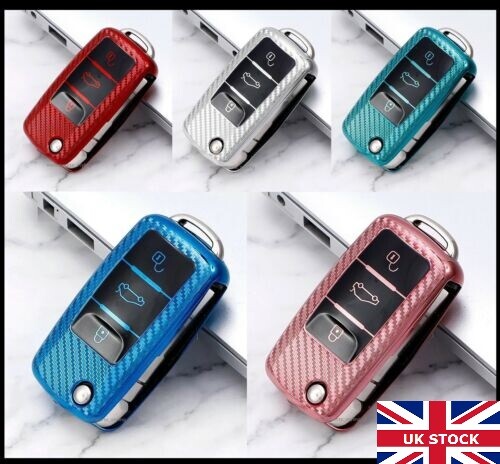 Carbon Fibre Key Cover for VW Seat Skoda Case Remote Fob 3 Button Flip t57cf* - Bild 1 von 14