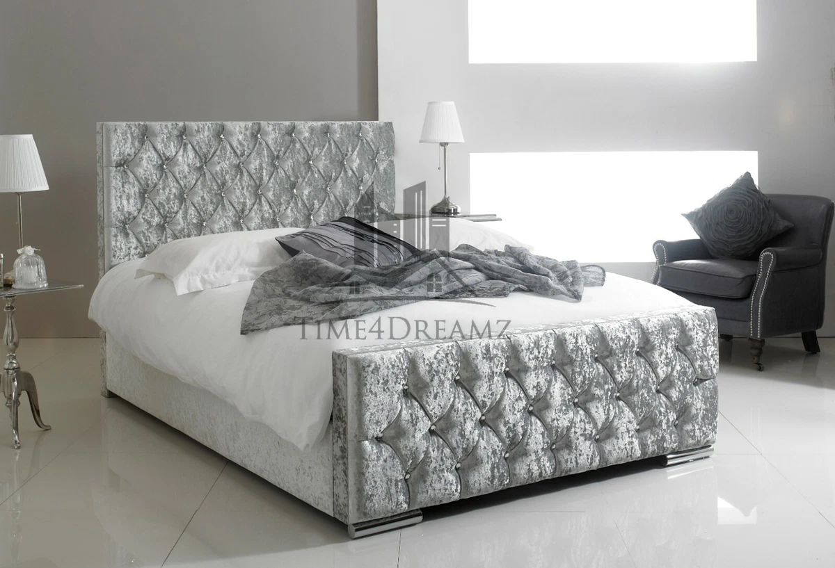 Double grey crushed velvet bed outlet