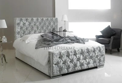 TIME4DREAMZ Diamond Upholstered Fabric Bed Frame Crushed Velvet Double King Size Mattress