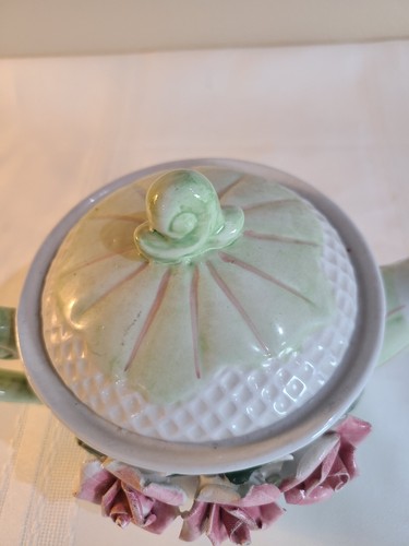 VTG Bloom Rite Pink Rose Lt Green Teapot Porcelain Pottery Dimensional Flowers - Picture 3 of 12