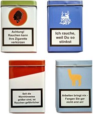 4x Metall-Zigarettenetui Zigarettendose Zigarettenbox "Warnung" 8 versch. Motive