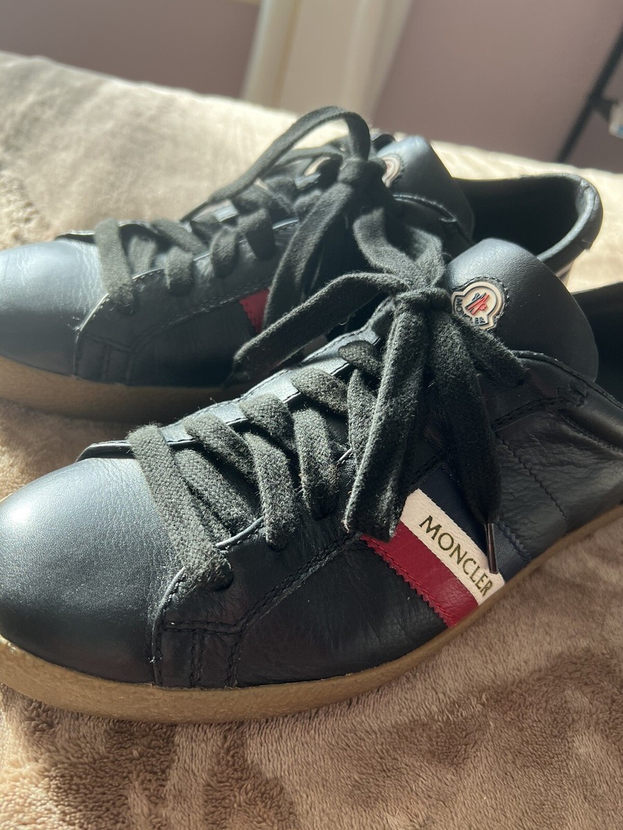Mens Authentic Black Leather Striped Moncler Sneakers Size