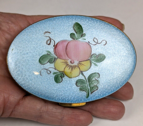 Large 3.5" Vintage Hand Painted Pansy Blue Guilloche Enamel Compact Very Good - Picture 10 of 10