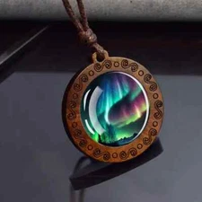 Aurora Northern Light Glass Wood Pendant Necklace  Men Women Unique Jewelry Gift